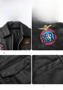 Detail view of military patches and secure inner pocket on black leather biker jacket