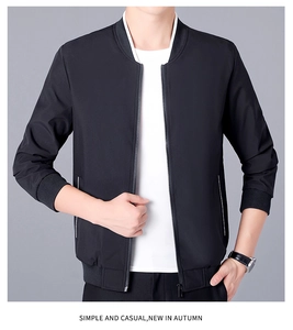 Detail of black slim fit bomber jacket featuring ribbed collar and white-lined side pocket