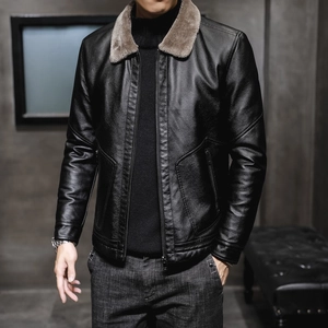 Men Winter Fleece Lined Faux Leather Jacket Fur Collar Windproof Outerwear Casual Zip Up Heavyweight Warm Moto Coat For Cold Weather