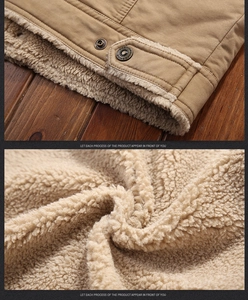 Detail of khaki jacket showing thick sherpa fleece lining and engraved metal button
