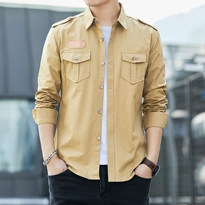 Men Long Sleeve Cargo Shirt 100% Cotton Military Style Work Shirt With Pockets Epaulettes Casual Button Down Top For Daily Wear