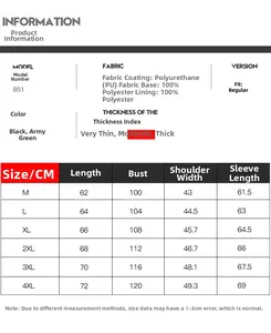 Detailed size chart for men's slim fit PU leather biker jacket in black and army green