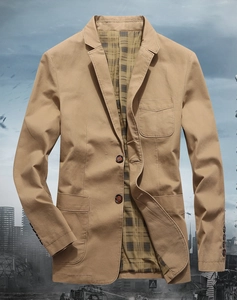 Detail view of khaki casual blazer with notched lapels and checkered lining texture