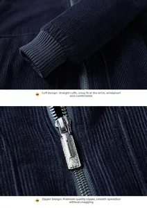 Detail of windproof ribbed cuffs and metal zipper on navy blue corduroy jacket