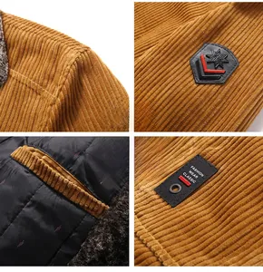 Detail view of khaki corduroy jacket with thick lining, stitched badges and quilted interior