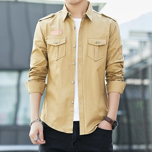 Men's khaki long sleeve cotton work shirt with shoulder epaulets and dual chest pockets