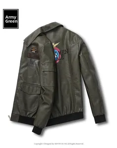 Close-up of military green flight jacket featuring vintage embroidered patches on the back