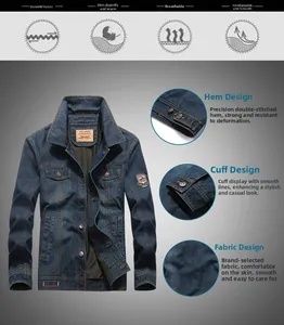 Detail view of deep blue denim jacket showing collar label and fabric textures