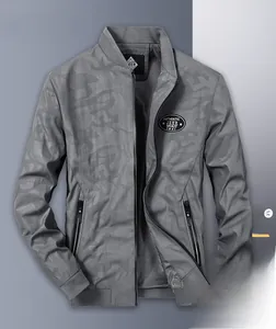 Detail of the gray camo jacket showing the JEEP SPIRIT embroidery and ribbed collar