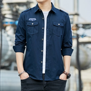 Men's navy blue casual cotton work shirt with epaulettes and double chest pockets
