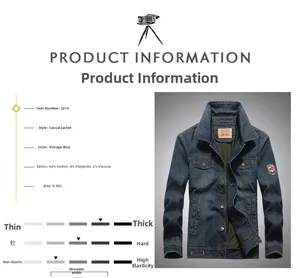 Detailed chart of men's vintage blue denim jacket showing fabric specs and size scale