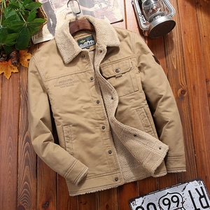 Men's Winter Sherpa Lined Cotton Jacket Thickened Warm Cargo Outdoor Coat Fleece Lapel Loose Casual Outwear