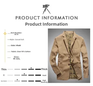 Detail view of khaki cotton blazer with size chart from M to 4XL and material specs