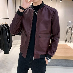 Slim fit burgundy faux leather jacket for men featuring a stand collar and utility pockets