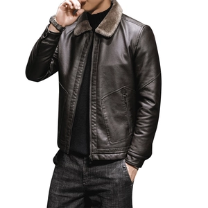 Men's dark brown faux leather jacket with thick grey fur collar and zipper pockets