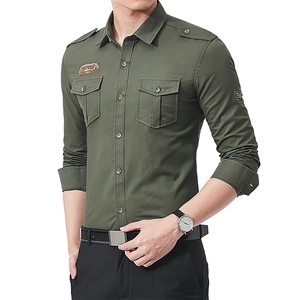 Army green military style men's long sleeve cotton shirt with shoulder straps and patches