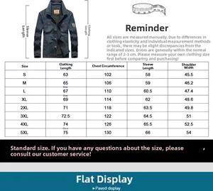 Size chart for men's denim jacket including chest, length, and shoulder width details