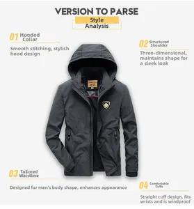 Detail view of dark grey hooded jacket showing windproof fabric and precise shoulder tailoring