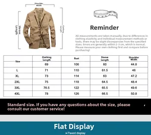 Detailed size chart for men's casual blazer showing length, chest, and shoulder measurements
