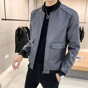 Men's slim fit grey PU leather baseball jacket with ribbed collar and flap pockets