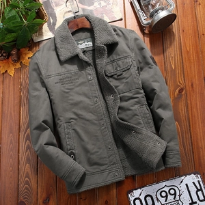 Men's olive military jacket with warm faux shearling lining and vintage embroidery