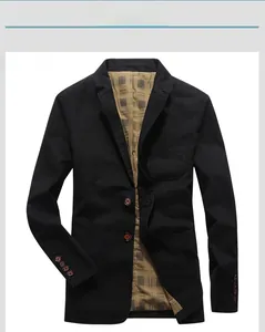 Close-up of men's black casual blazer featuring classic plaid lining and front buttons