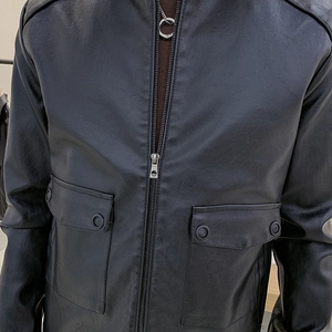 Slim fit black PU leather jacket for men featuring classic zip closure and flap pockets