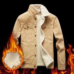 Heavyweight men's winter khaki fleece cargo jacket with warm thick thermal lining