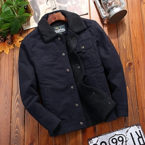 Winter men's navy blue fleece-lined jacket with shearling collar and warm button-up closure
