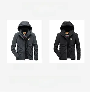 Front view of men's hooded casual jackets in dark gray and black with zipper closure