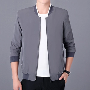 Men's slim fit casual baseball collar jacket in dark grey matte windproof fabric
