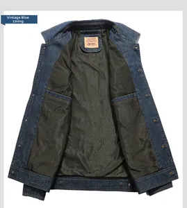 Detail of retro blue denim jacket showing breathable dark olive mesh lining and metal buttons