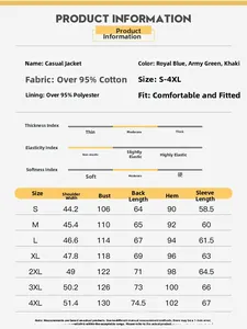 Detaillierte Größentabelle für Herren-Freizeitjacke mit Stehkragen und Maßen