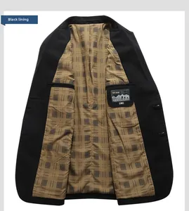 Detail of men's blazer featuring brown checkered lining and an interior pocket