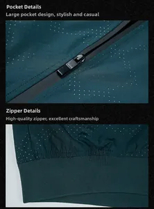 Détails de la poche zippée et de l'ourlet côtelé sur veste bleu canard à pois