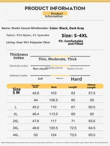 Size chart for men's hooded windbreaker jacket with measurements from size S up to 4XL
