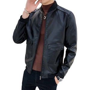 Slim fit black PU leather jacket with stand collar and double flap pockets for men