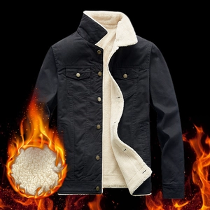 Men's winter heavy jacket with fleece lining and stand collar in solid black color