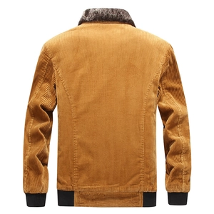 Men's winter corduroy jacket in mustard yellow with warm faux fur collar back view