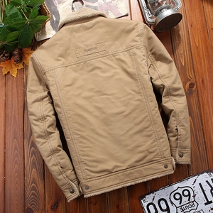 Winter khaki heavy canvas work jacket with warm lamb wool collar and fashion patch