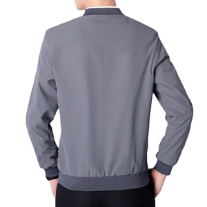 Men's slim fit casual grey bomber jacket featuring ribbed collar and back panel detail