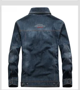Detail view of denim jacket back with American Legend embroidery and washed finish