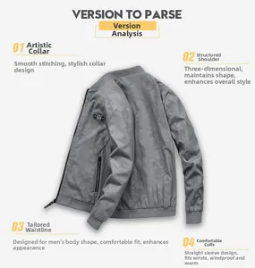 Detail view of the grey camo bomber jacket showing rib-knit collar and brand sleeve patch