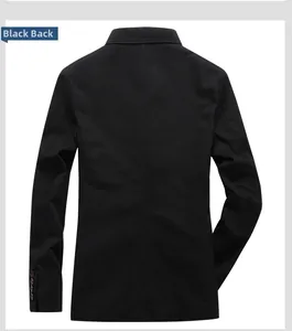 Rear view of black casual men's blazer featuring classic back seam and four-button cuffs