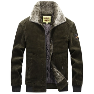 Men's winter corduroy jacket in dark olive green with warm faux fur collar and badge