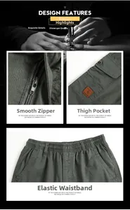 Detailed views of cargo pants featuring smooth zipper, snap pocket with patch and elastic waist