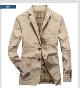 Detailed flat lay of a light khaki men's casual blazer with vintage plaid lining