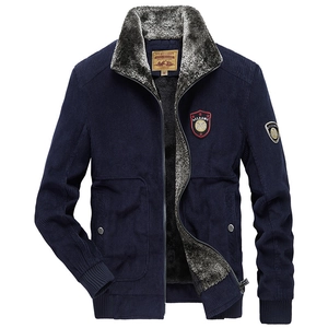 Men's navy blue corduroy winter jacket with warm thick fleece lining and stand collar