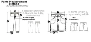 Diagramma tecnico dettagliato sui metodi di misurazione di vita, lunghezza e fianchi dei pantaloni