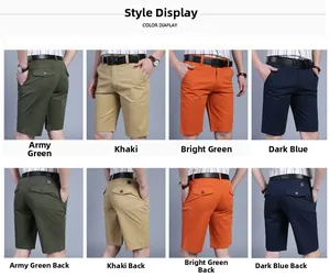 Detailed views of men cotton cargo shorts in army green, khaki, lime, and navy blue colors